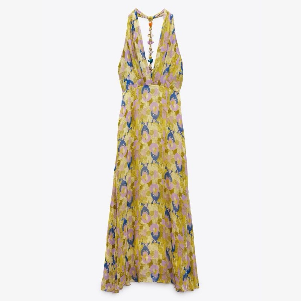 Zara Yellow Maxi Dress with Pink and Blue Floral Print